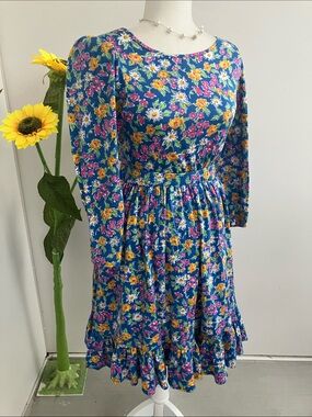 Vintage 80s 90s Blue, Pink, & Orange Floral Ruffly Skirt & Top Matching Set